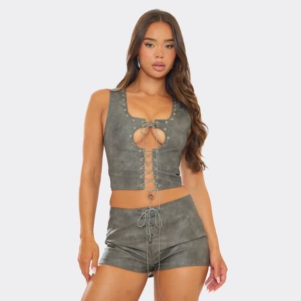 EGO Square Neck Eyelet Lace Up Detail Top In Grey Faux Leather, Women's Size UK 6