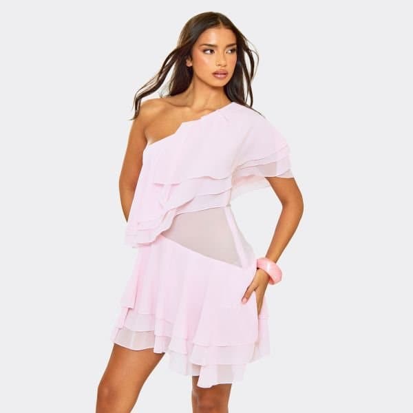 EGO Asymmetric One Shoulder Layered Frill Detail Mini Dress In Baby Pink, Women's Size UK 6