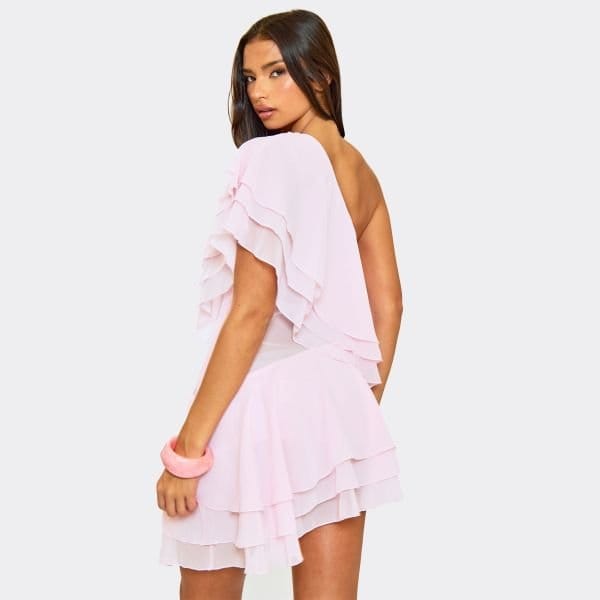 EGO Asymmetric One Shoulder Layered Frill Detail Mini Dress In Baby Pink, Women's Size UK 6 - 2