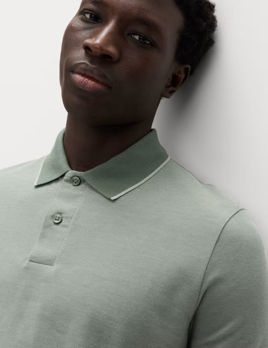 Marks & Spencer M&S 2 Pack Cotton Rich Tipped Polo Shirts Light Green Mix - 2