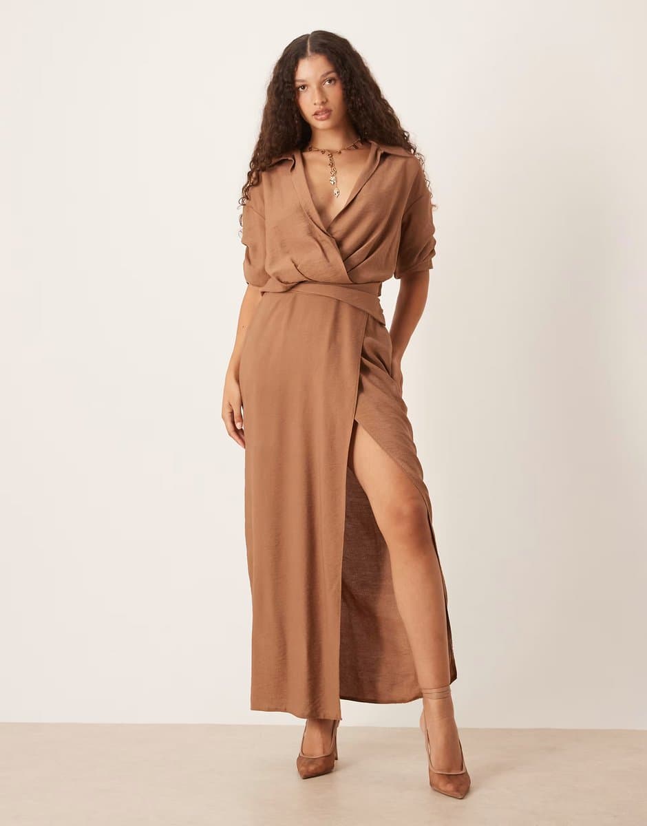 ASOS ASOS DESIGN slouchy shirt midi dress with split in light brown