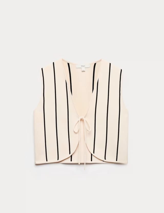 Marks & Spencer M&S Tie Front Striped Cropped Knitted Waistcoat Vanilla - 2
