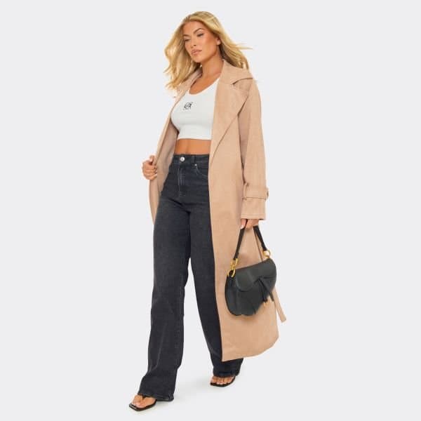 EGO Long Sleeve Longline Trench Coat In Stone Suede, Women's Size UK Large L