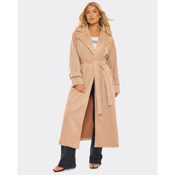 EGO Long Sleeve Longline Trench Coat In Stone Suede, Women's Size UK Large L - 2