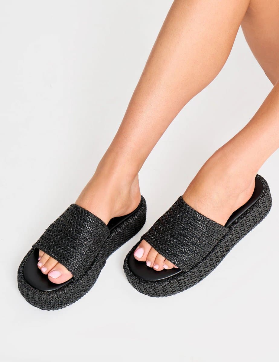 Public Desire Sangria Black Woven Flatform Sandals