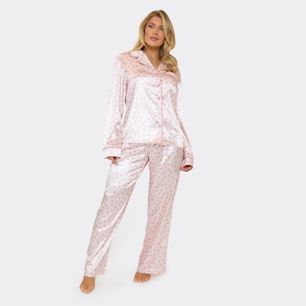 EGO Heart Button Front Shirt And Trouser Pyjama Set In Pink Heart Print Satin, Women's Size UK 6 - 1