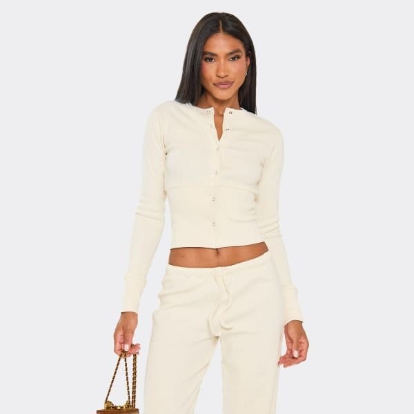EGO Long Sleeve Button Up Fitted Top In Cream Ribbed, Women's Size UK 4 - 1