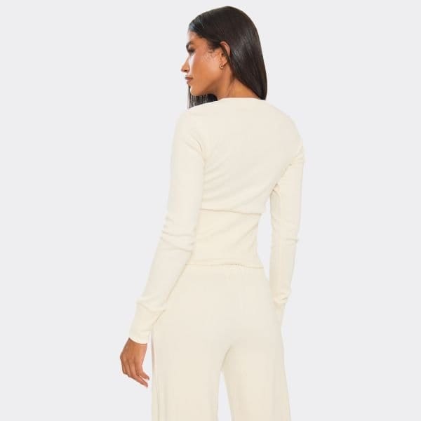 EGO Long Sleeve Button Up Fitted Top In Cream Ribbed, Women's Size UK 4 - 2