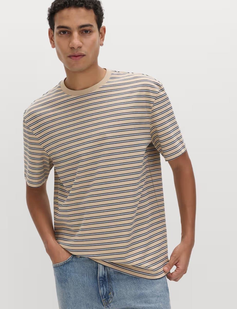 Marks & Spencer M&S Relaxed Fit Cotton Stripe T-Shirt in Sand