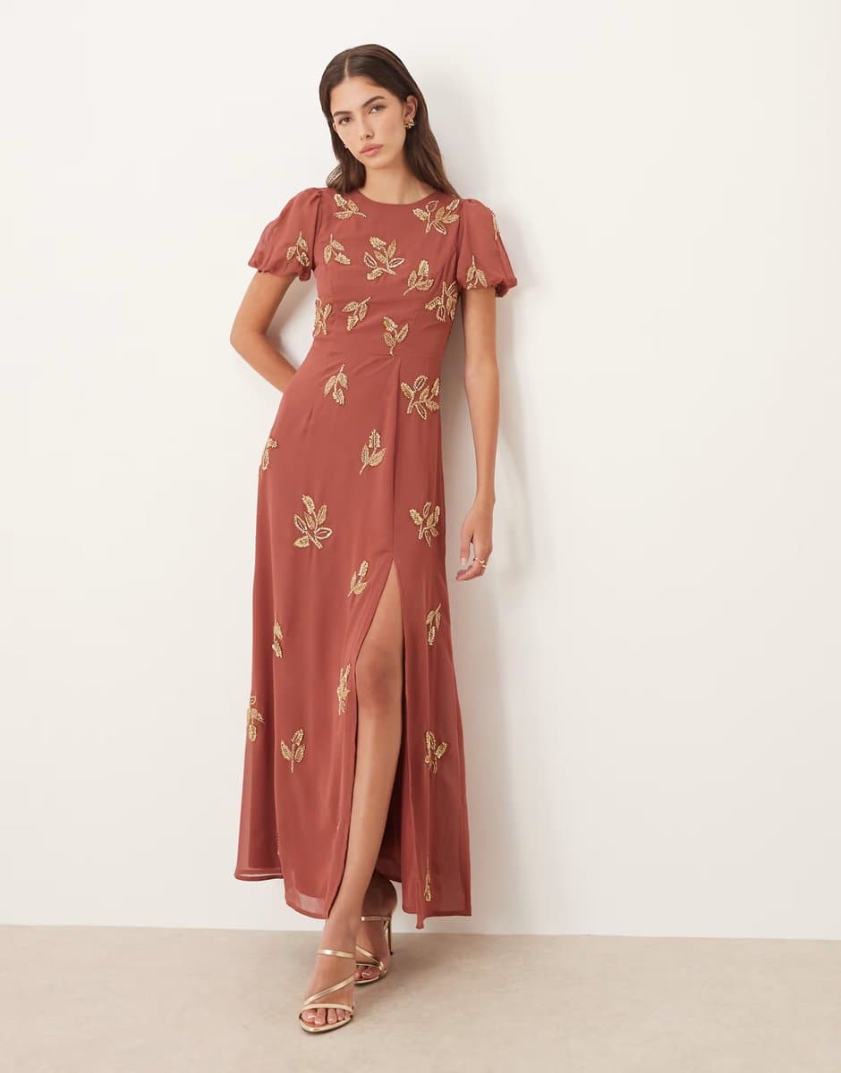 ASOS Maya Embellished short sleeve open back maxi dress in copper rose
