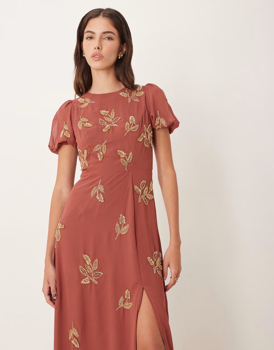 ASOS Maya Embellished short sleeve open back maxi dress in copper rose - 3
