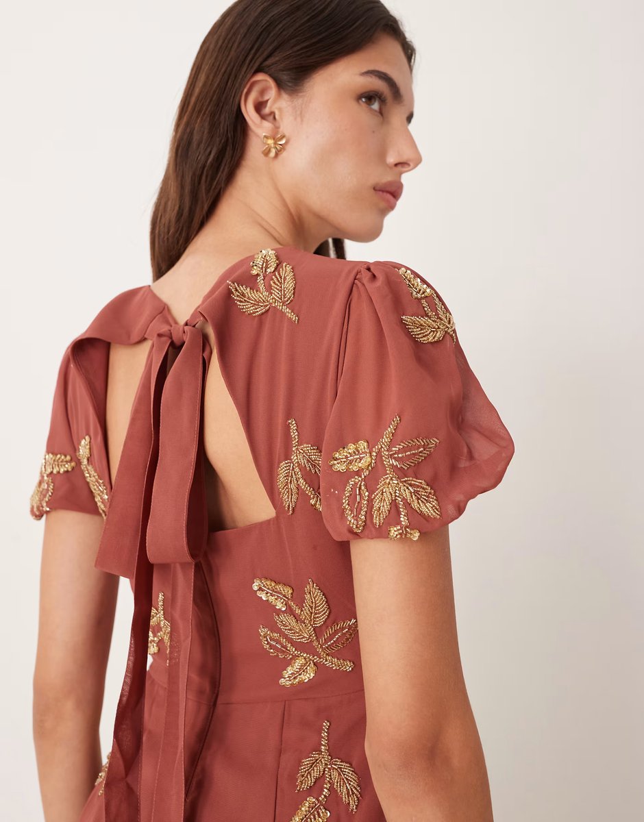 ASOS Maya Embellished short sleeve open back maxi dress in copper rose - 4