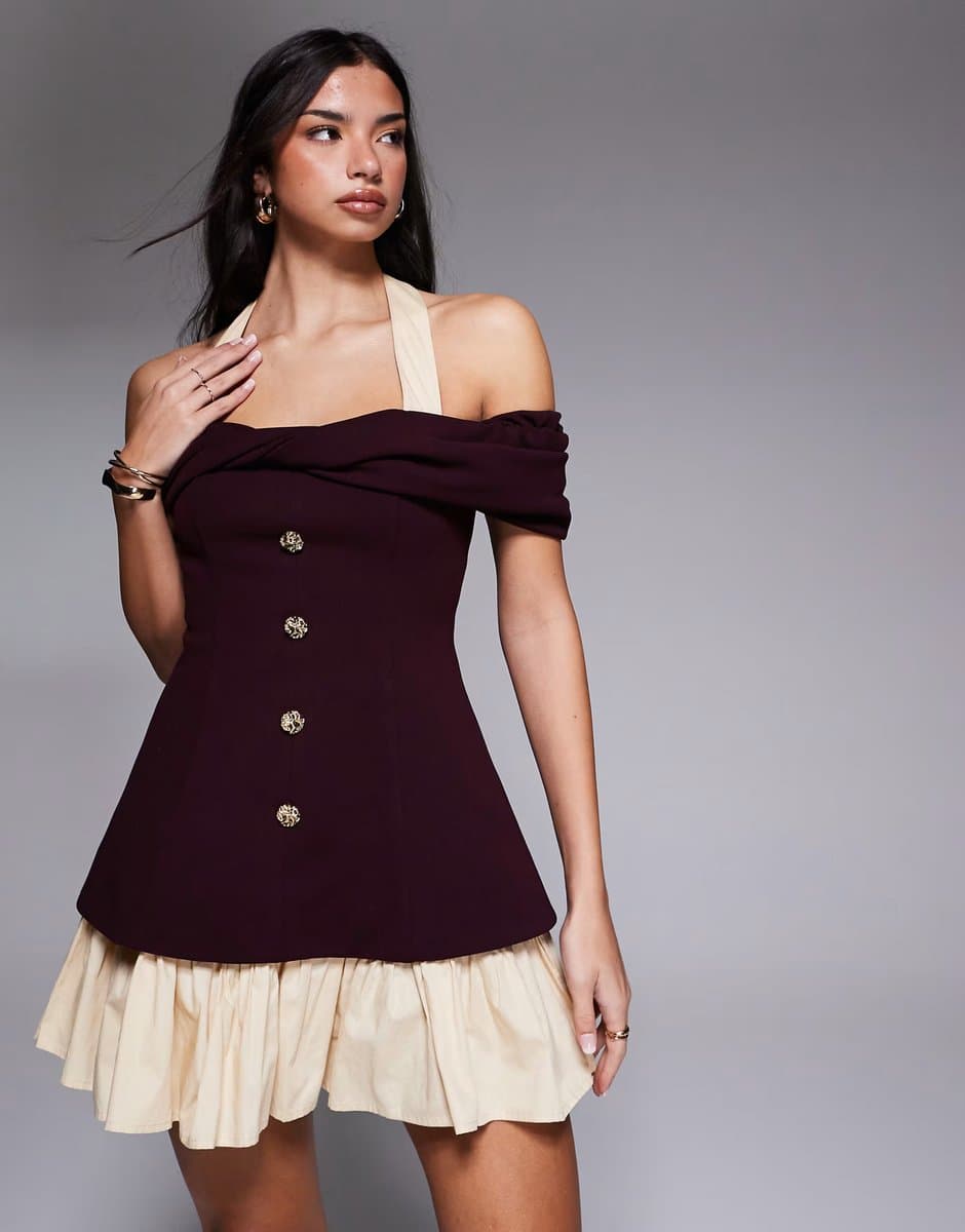 ASOS ASOS LUXE button down mini dress with halterneck detail in burgundy