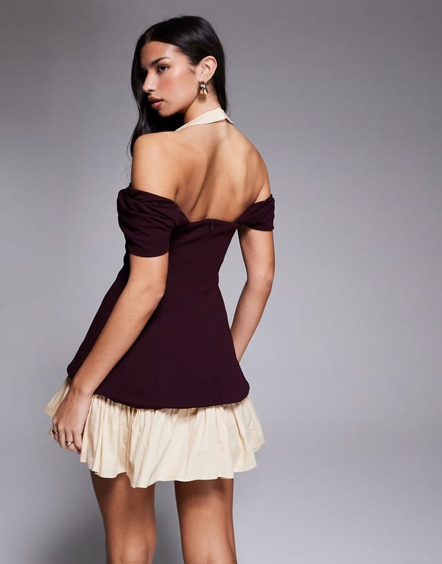 ASOS ASOS LUXE button down mini dress with halterneck detail in burgundy - 3