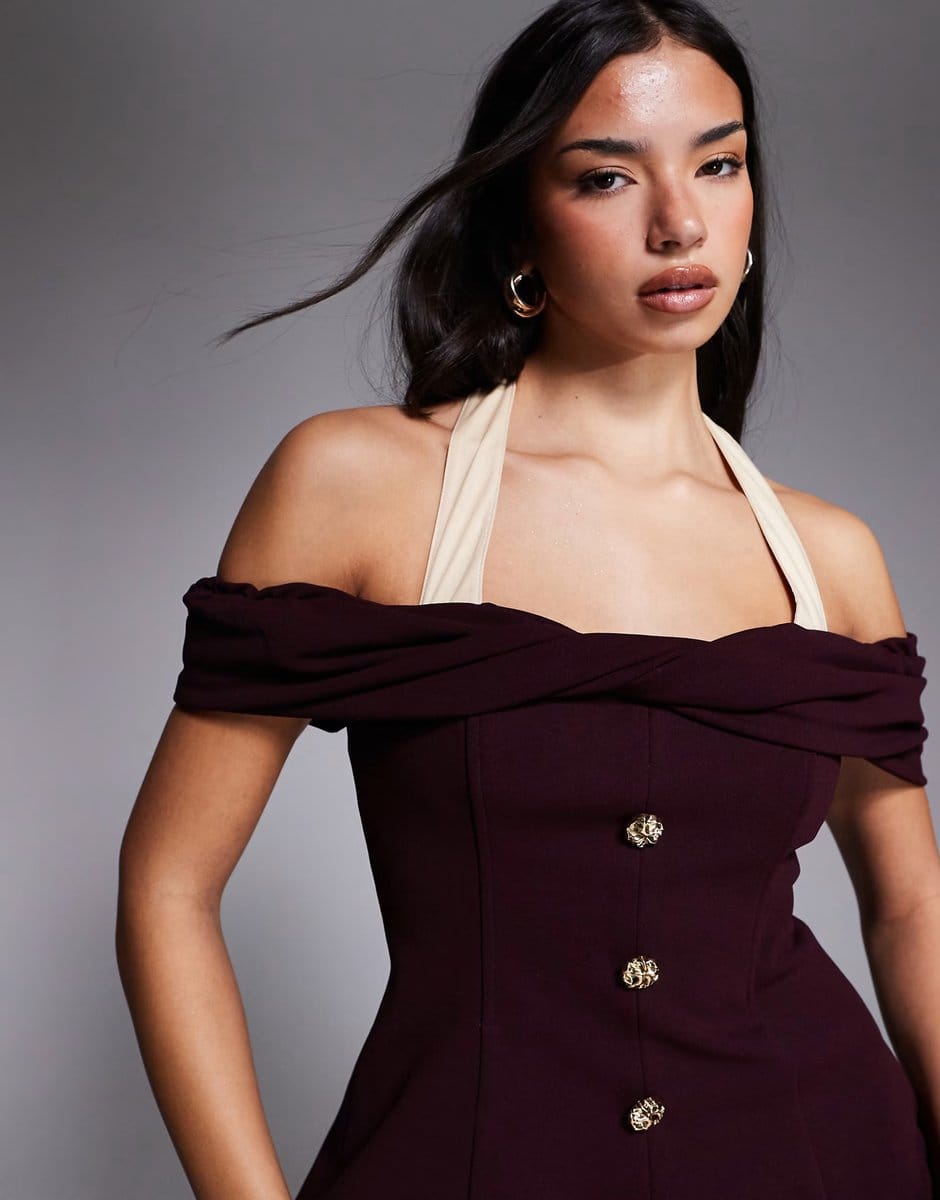 ASOS ASOS LUXE button down mini dress with halterneck detail in burgundy - 4