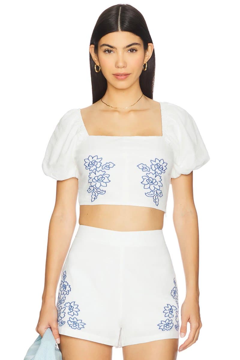 revolve Revolve Floral Embroidered Crop Top in White & Blue