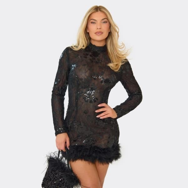 EGO High Neck Long Sleeve Feather Hem Detail Mini Dress In Black Sequin, Women's Size UK 6