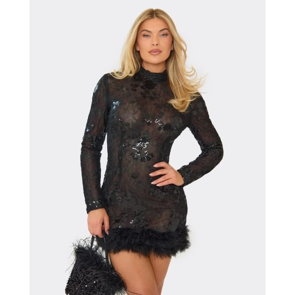 EGO High Neck Long Sleeve Feather Hem Detail Mini Dress In Black Sequin, Women's Size UK 6 - 2