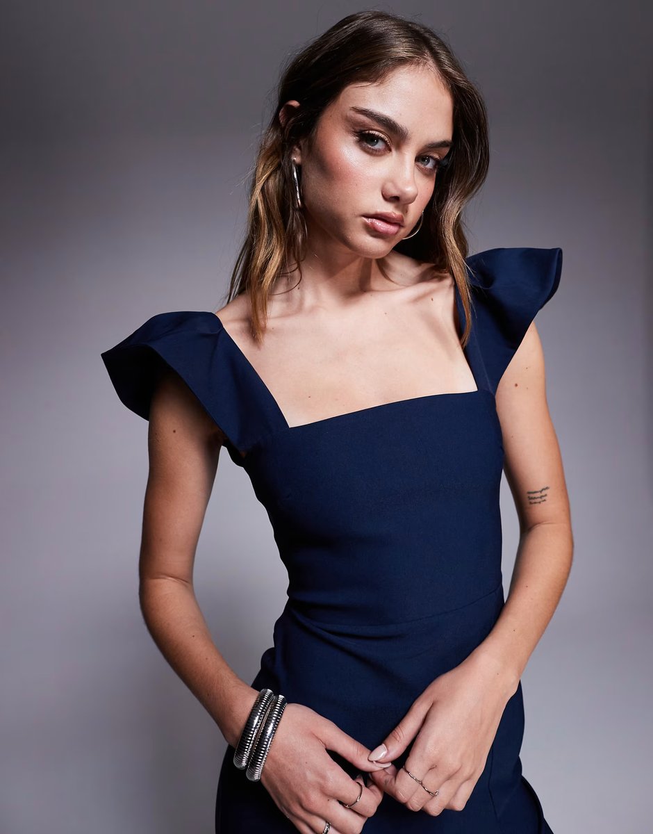 ASOS Vesper bengaline square neck ruffle sleeve side split midaxi dress in navy - 3