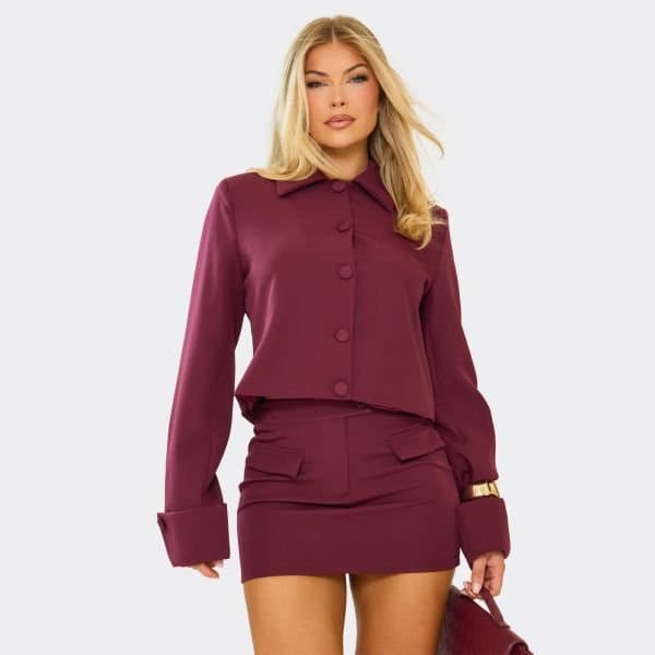EGO Turn Up Sleeve Button Front Boxy Blazer In Burgundy, Women's Size UK 12