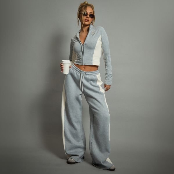 EGO Long Sleeve High Neck Zip Front Ego Graphic Top In Grey, Women's Size UK 4 - 2