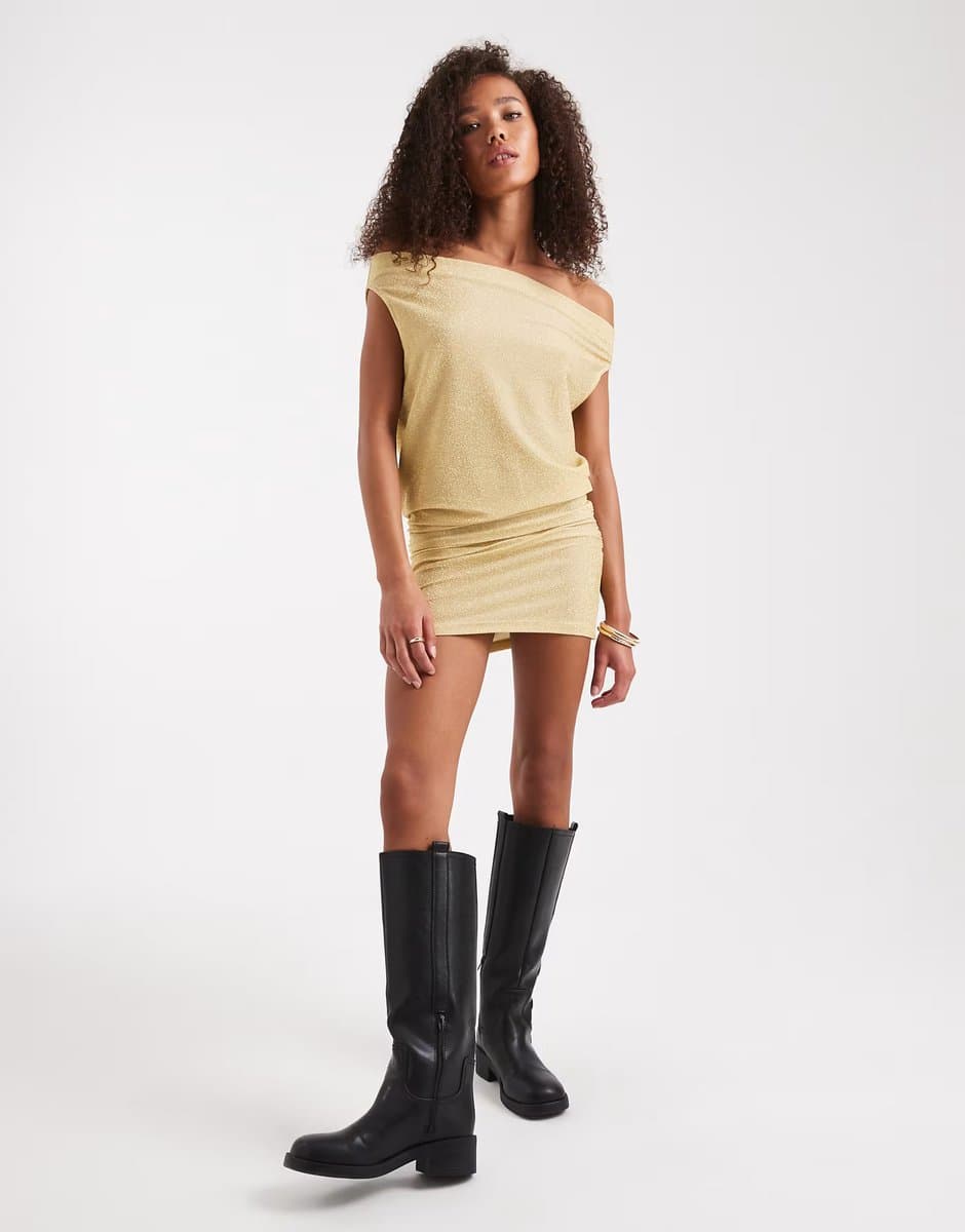 ASOS Edikted Eris metallic off shoulder knitted mini dress in gold