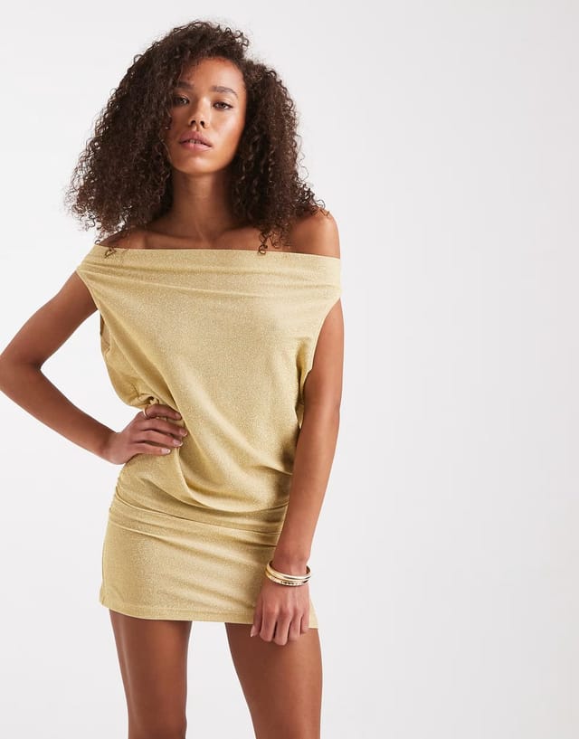 ASOS Edikted Eris metallic off shoulder knitted mini dress in gold - 3