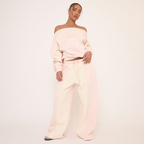 EGO Oversized Tie Waist Contrast Stripe Wide Leg Joggers In Pink, Women's Size UK 8
