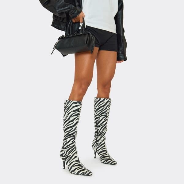 EGO EGO Zebra Print Pointed Toe Knee High Heeled Boot in Black
