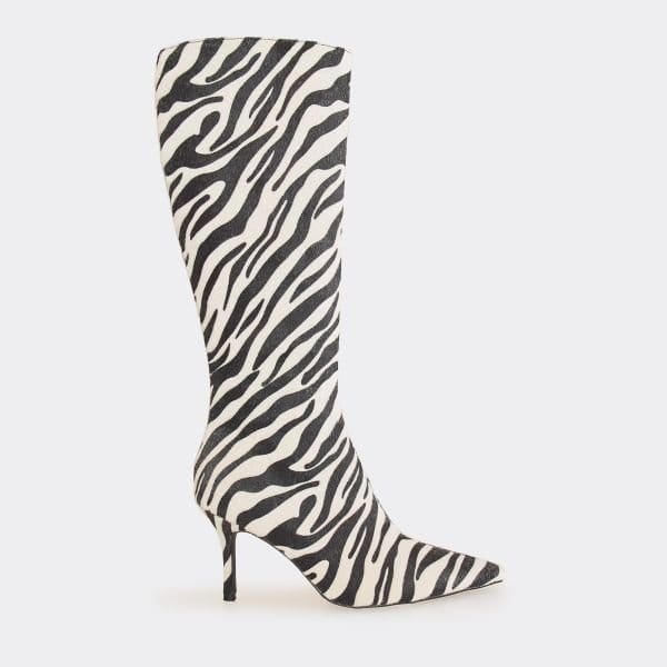 EGO Zoology Pointed Toe Knee High Heeled Boot In Zebra Print Faux Fur, Women's Size UK 3 - 2