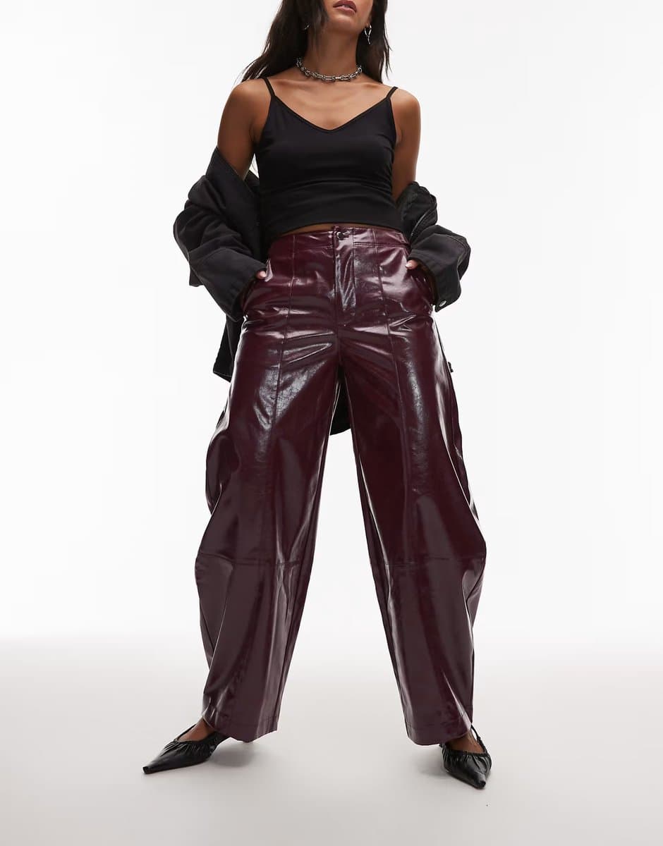 ASOS ASOS Faux Leather Barrel Leg Trousers in Burgundy
