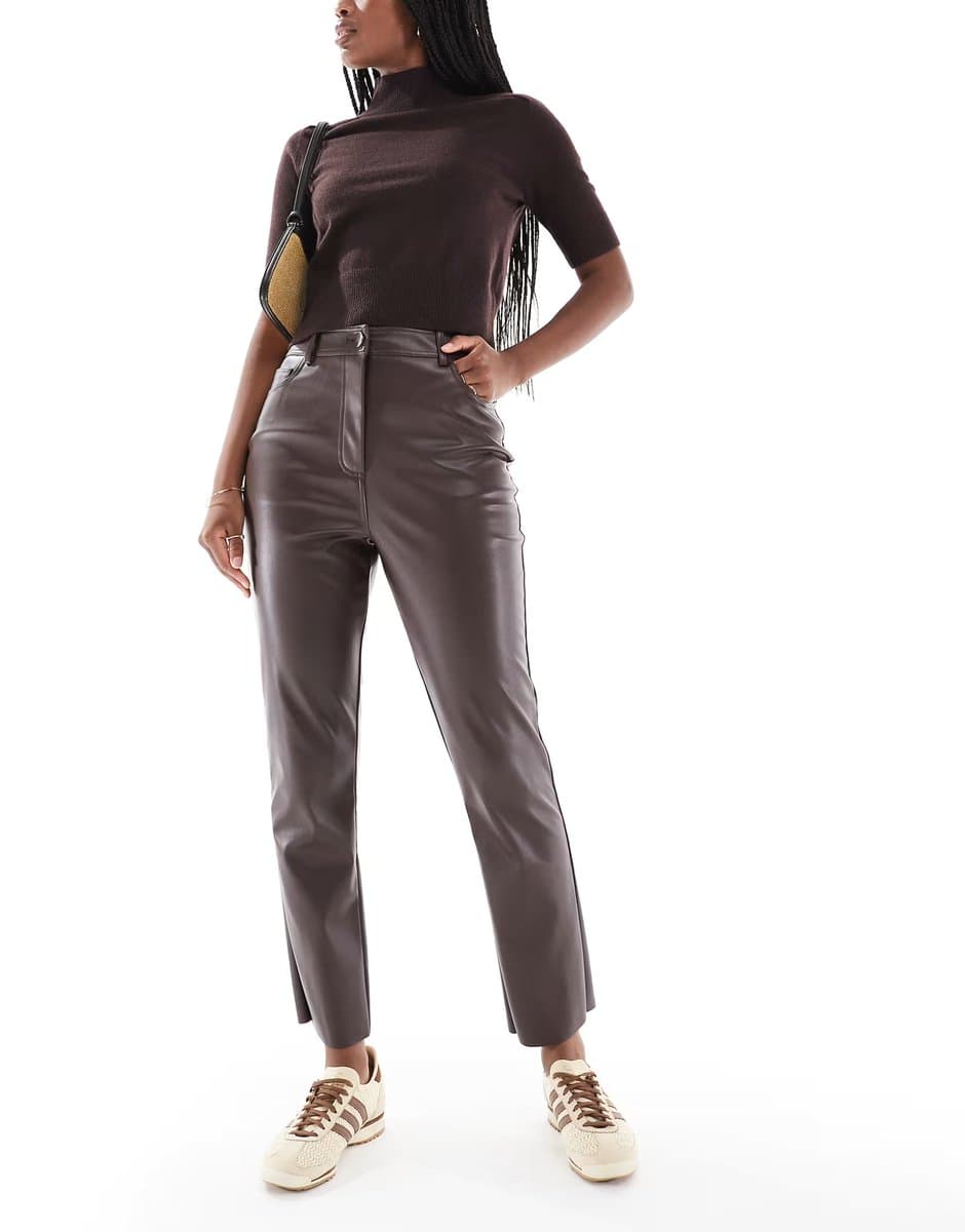 ASOS New Look faux leather straight leg trousers in brown
