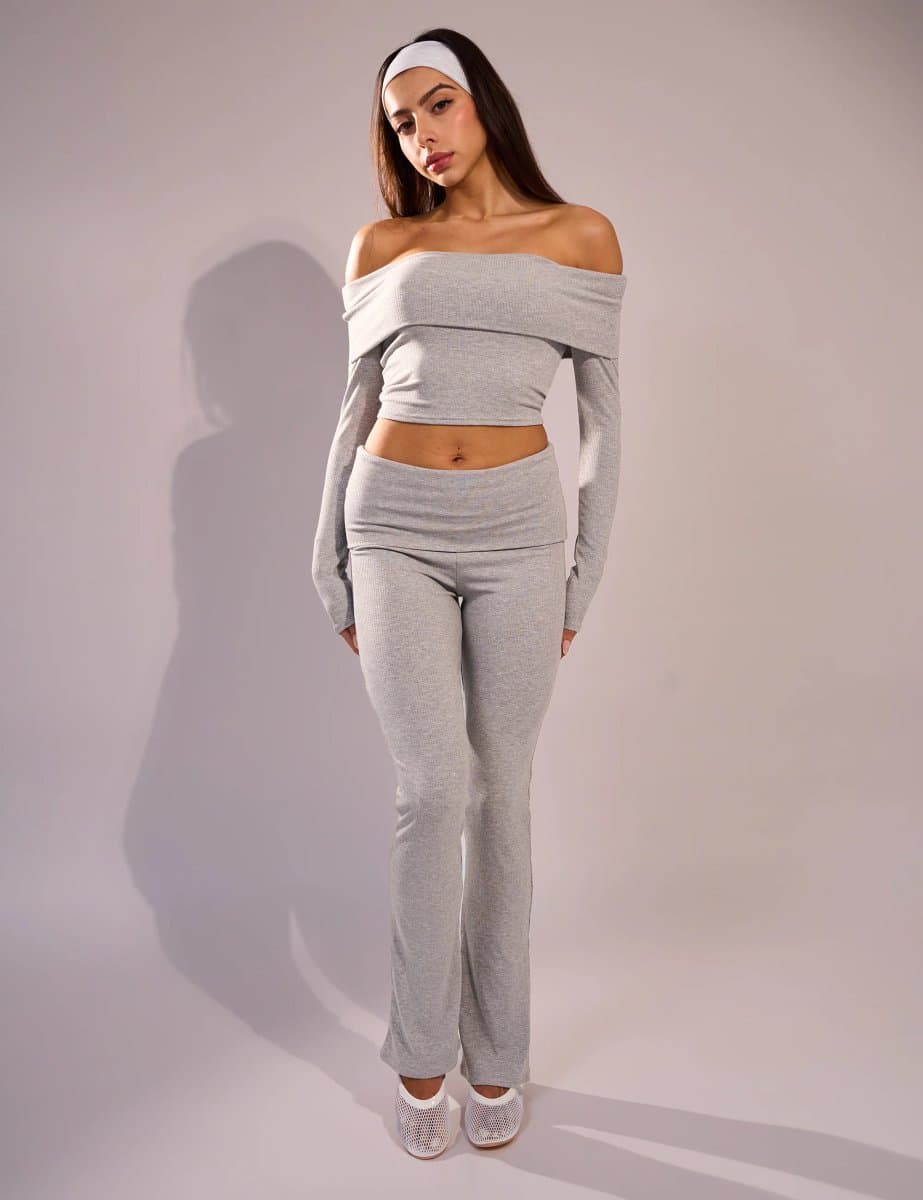Public Desire Rib Foldover Straight Leg Pant Grey