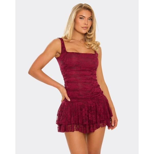 EGO Square Neck Frill Hem Detail Mini Dress In Burgundy Lace, Women's Size UK 4 - 2