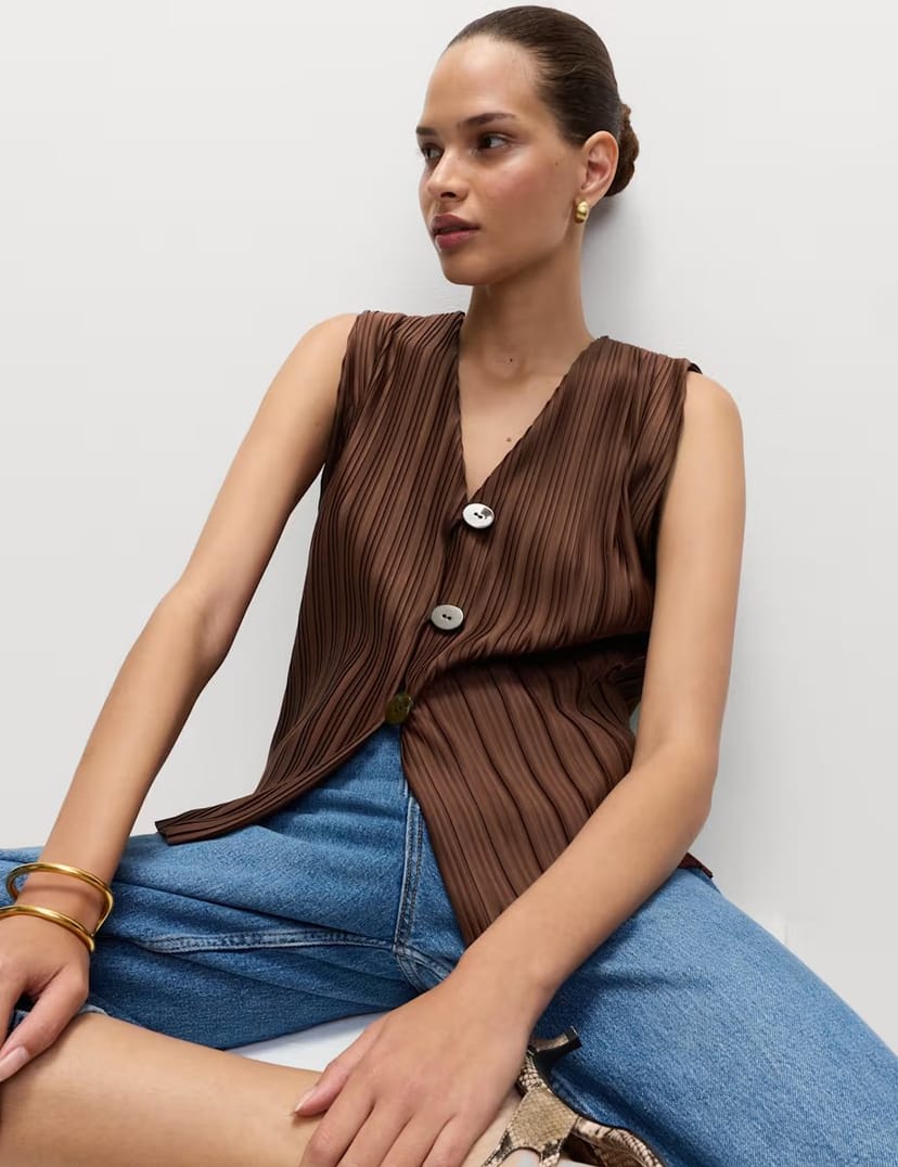 Marks & Spencer M&S Plisse V-Neck Button Through Waistcoat Chocolate - 1