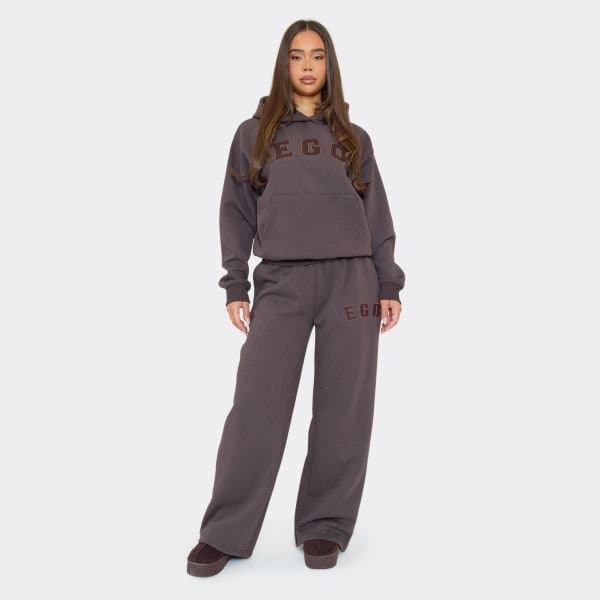 EGO Mid Rise Ego Graphic Wide Leg Joggers In Chocolate Brown, Women's Size UK 6