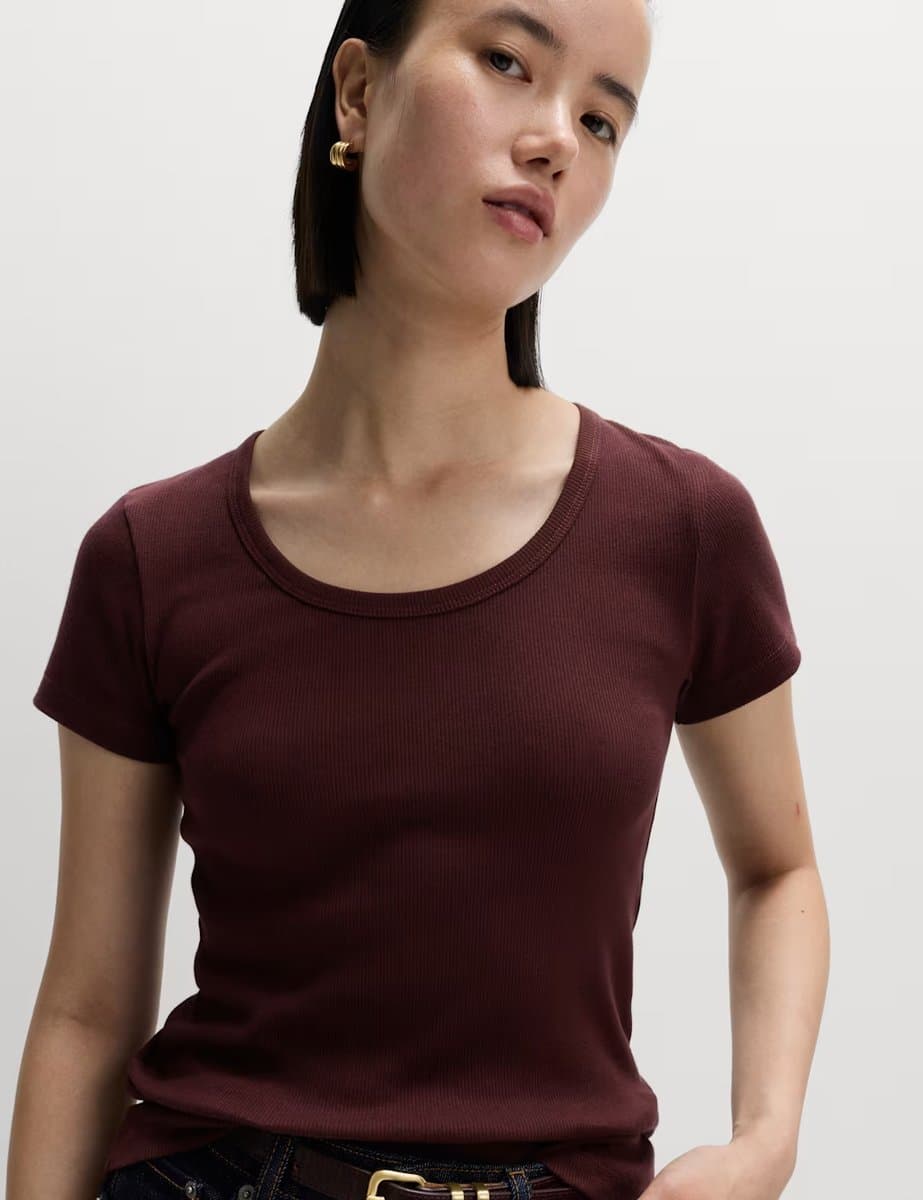 Marks & Spencer M&S Cotton Rich Scoop Neck T-Shirt Dark Claret