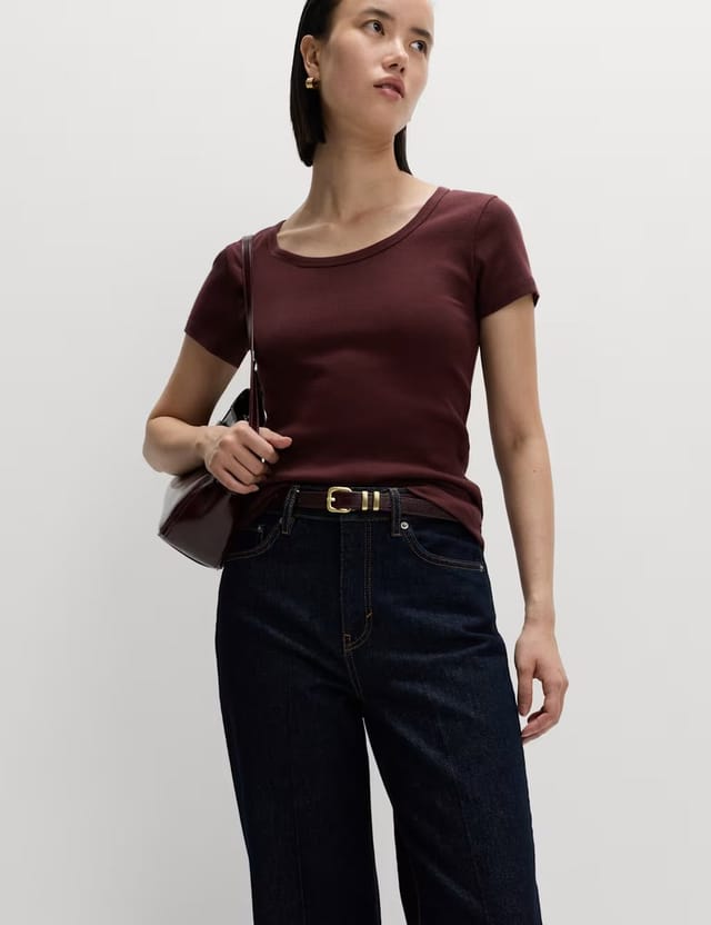 Marks & Spencer M&S Cotton Rich Scoop Neck T-Shirt Dark Claret - 3