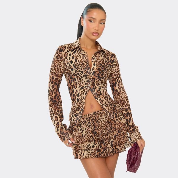 EGO Long Sleeve Cinched Shirt In Brown Leopard Print, Women's Size UK 6 - 1