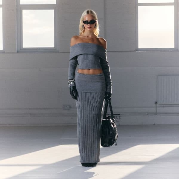 EGO Fold Over Fitted Maxi Skirt In Grey Rib Knit, Women's Size UK Large L