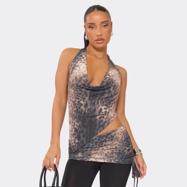 EGO Cowl Halter Neck Asymmetric Hem Top In Brown Leopard Print, Women's Size UK 6 - 1