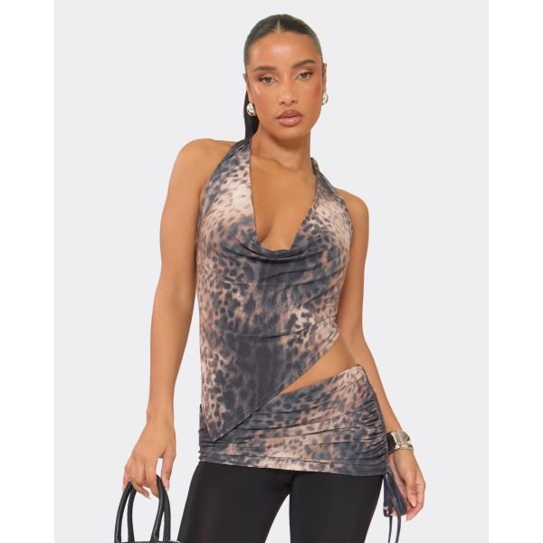 EGO Cowl Halter Neck Asymmetric Hem Top In Brown Leopard Print, Women's Size UK 6 - 2