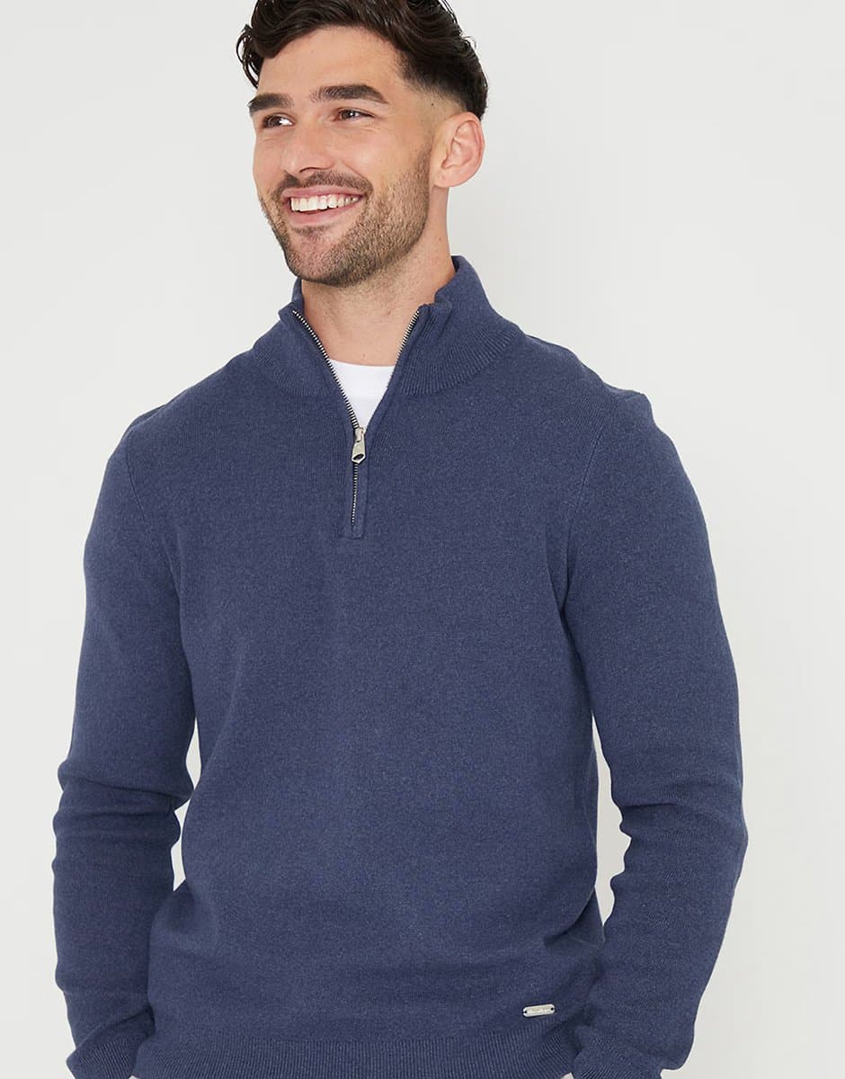 ASOS Threadbare Cotton blend knitted quarter zip jumper in blue