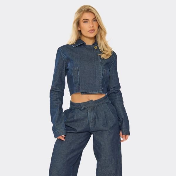 EGO Collared Button Detail Boxy Jacket In Indigo Blue Denim, Women's Size UK 6