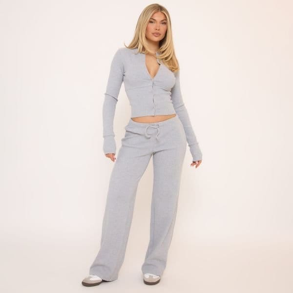 EGO Drawstring Waist Straight Leg Trousers In Grey Ribbed, Women's Size UK 4 - 1