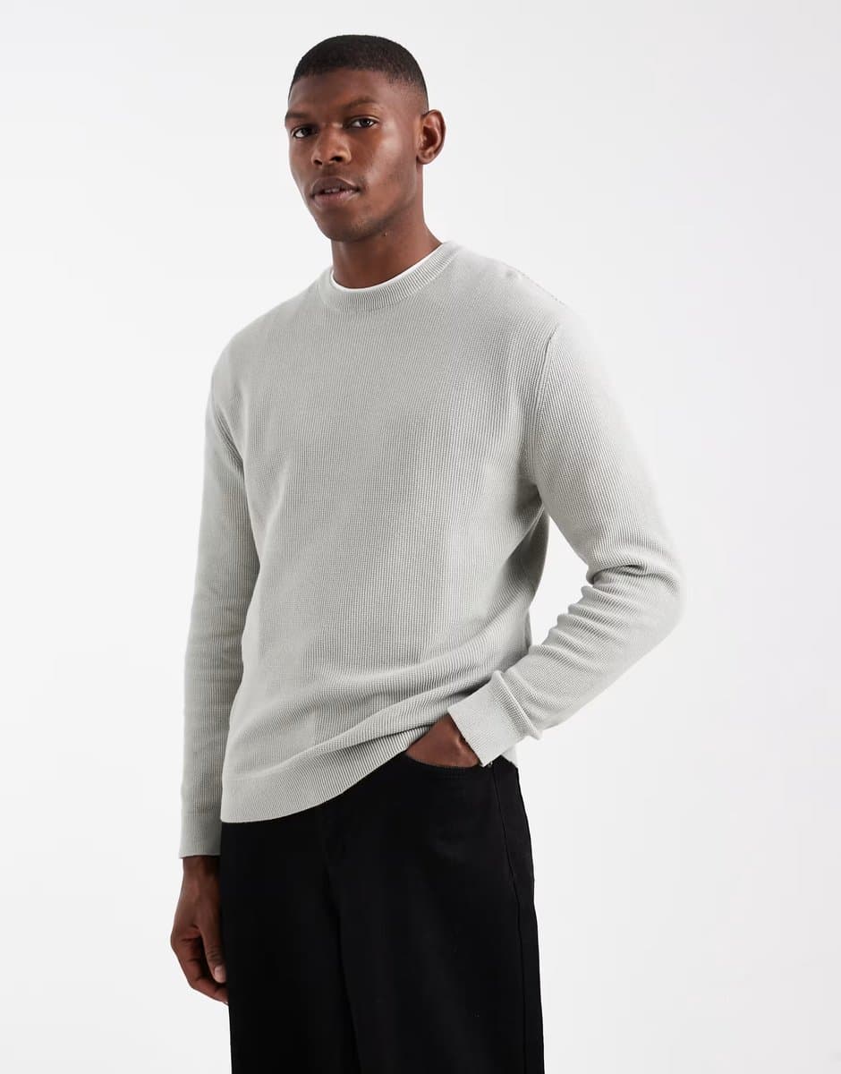 ASOS ONLY & SONS regular fit waffle knit jumper in light grey