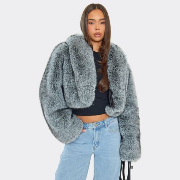 EGO Oversized Collar Panel Detail Cropped Coat In Grey-Blue Faux Fur, Women's Size UK Large L