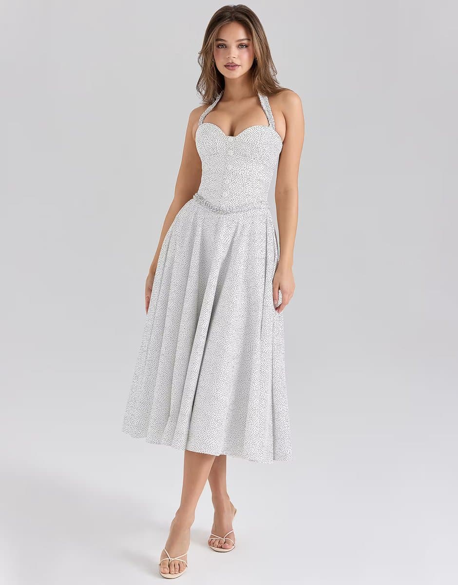 ASOS House of CB Georgie cotton halter neck midi dress in white polka dot