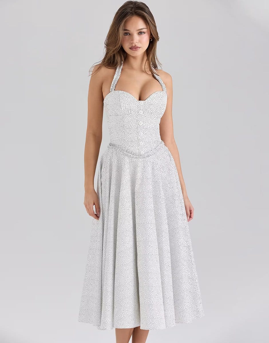 ASOS House of CB Georgie cotton halter neck midi dress in white polka dot - 4