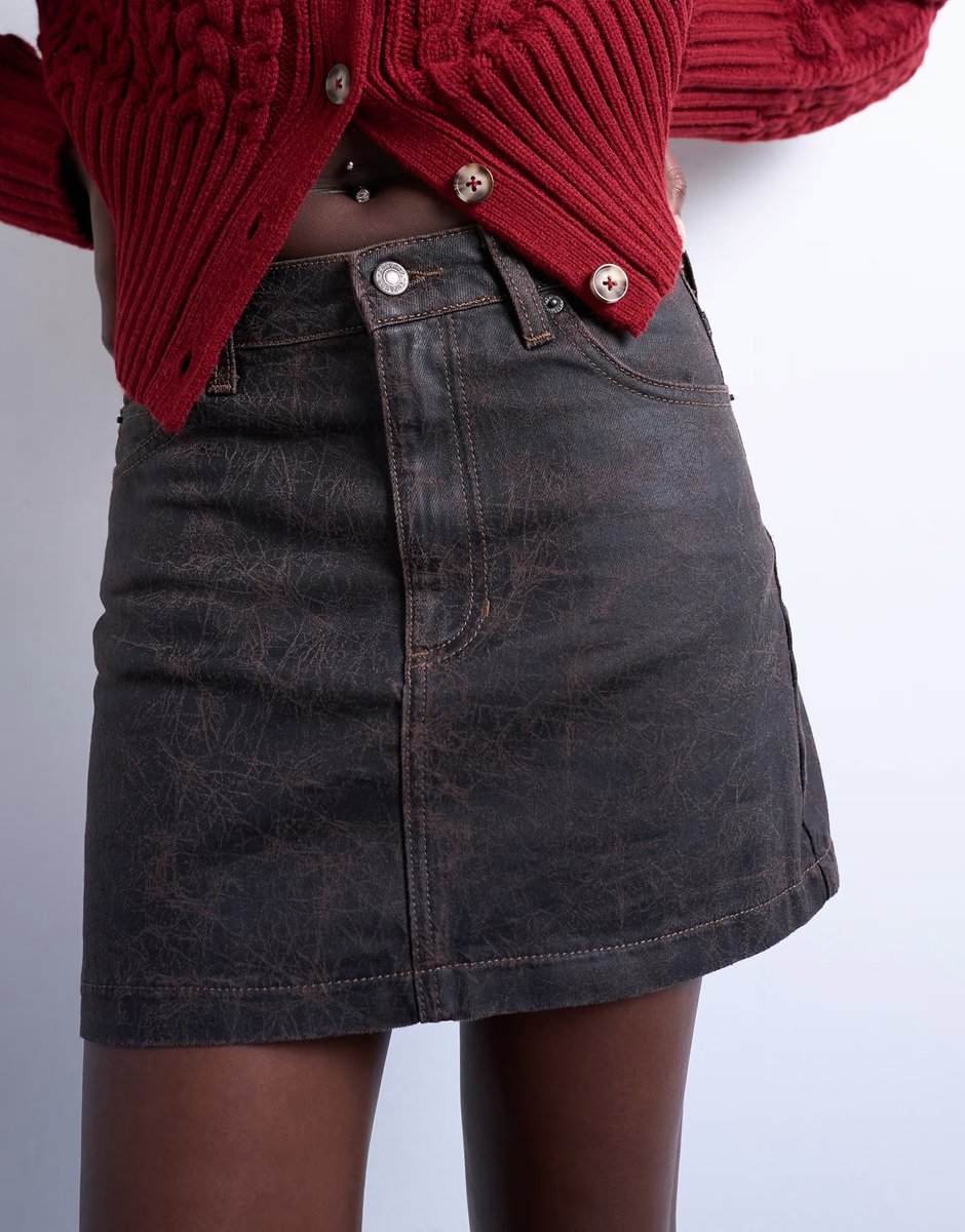 ASOS Topshop denim mini pelmet skirt in brown crackle - 4